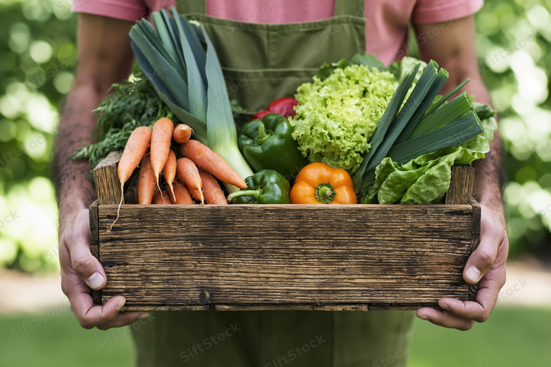 Farmer holding wooden crate filled with fresh vegetables in garden
