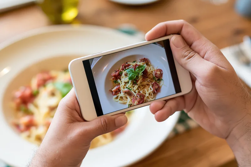 Hands holding smartphone photographing plate of spaghetti with tomato sauce and basil on wooden table