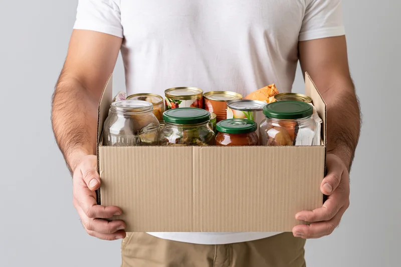 Man holding open cardboard box filled with canned goods and jars