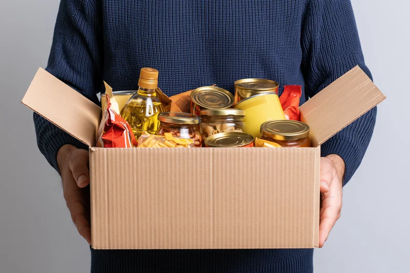 Man holding open cardboard box filled with assorted nonperishable food items