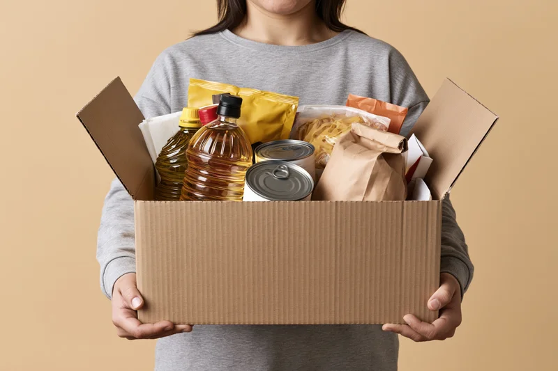 Woman holding open cardboard box filled with pantry staples against beige background