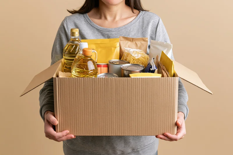 Woman holding open cardboard box filled with pantry staples against neutral background