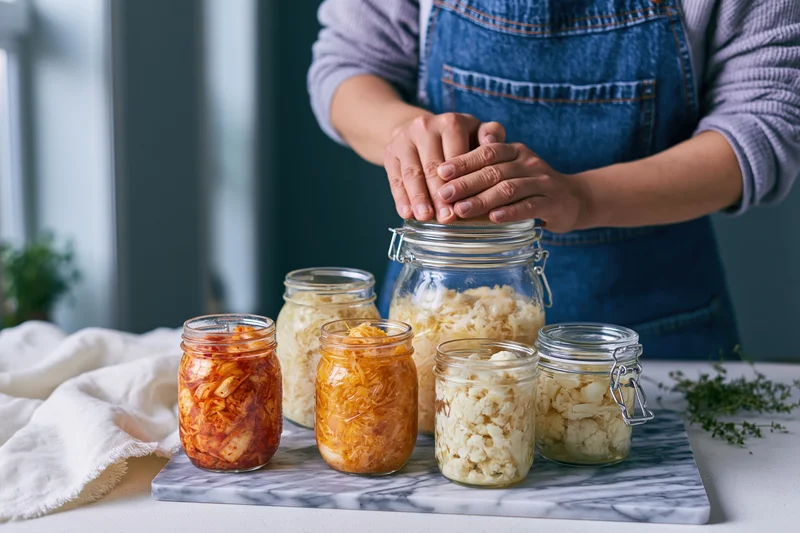 Woman pressing fermented vegetables into glass jars on a marble countertop in a kitchen