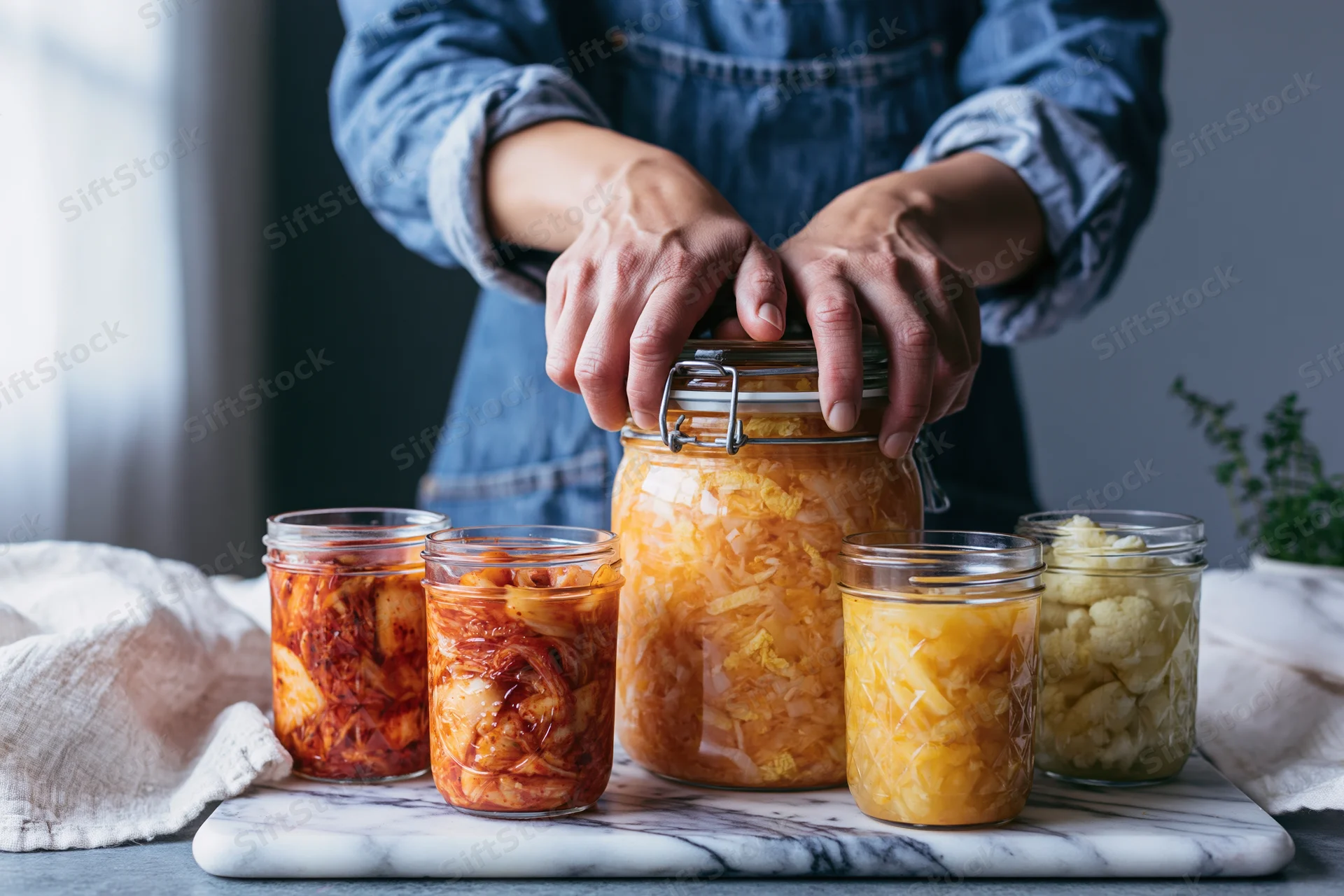 Woman pressing fermented vegetables into glass jars on a marble countertop