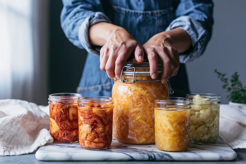 Woman pressing fermented vegetables into glass jars on a marble countertop