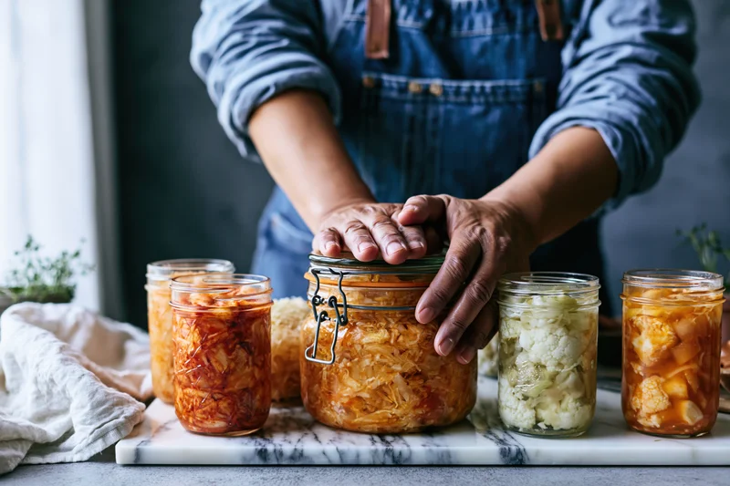 Woman pressing fermented vegetables into glass jars on a marble countertop