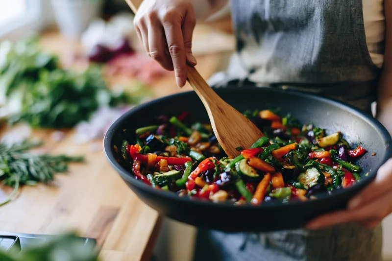 Woman stirring colorful vegetable stir-fry in a pan at kitchen counter