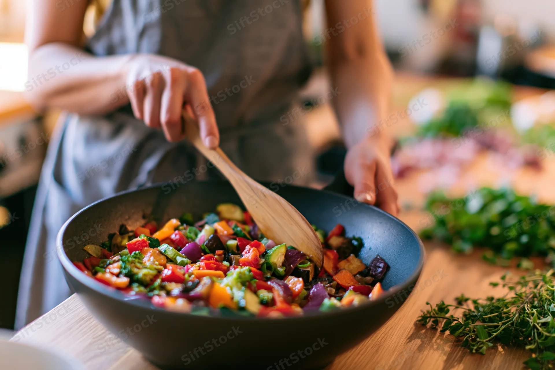Woman stirring colorful vegetables in a bowl on a kitchen counter