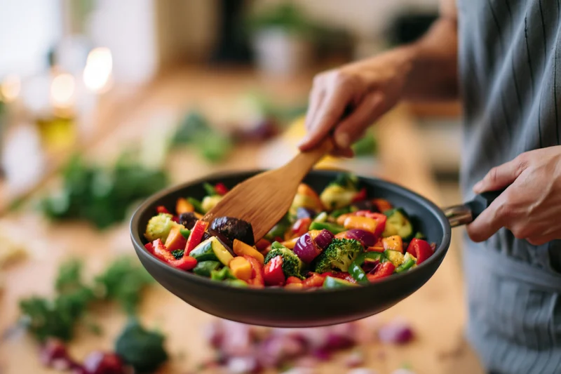 Person stirring colorful vegetables in a pan on a kitchen counter