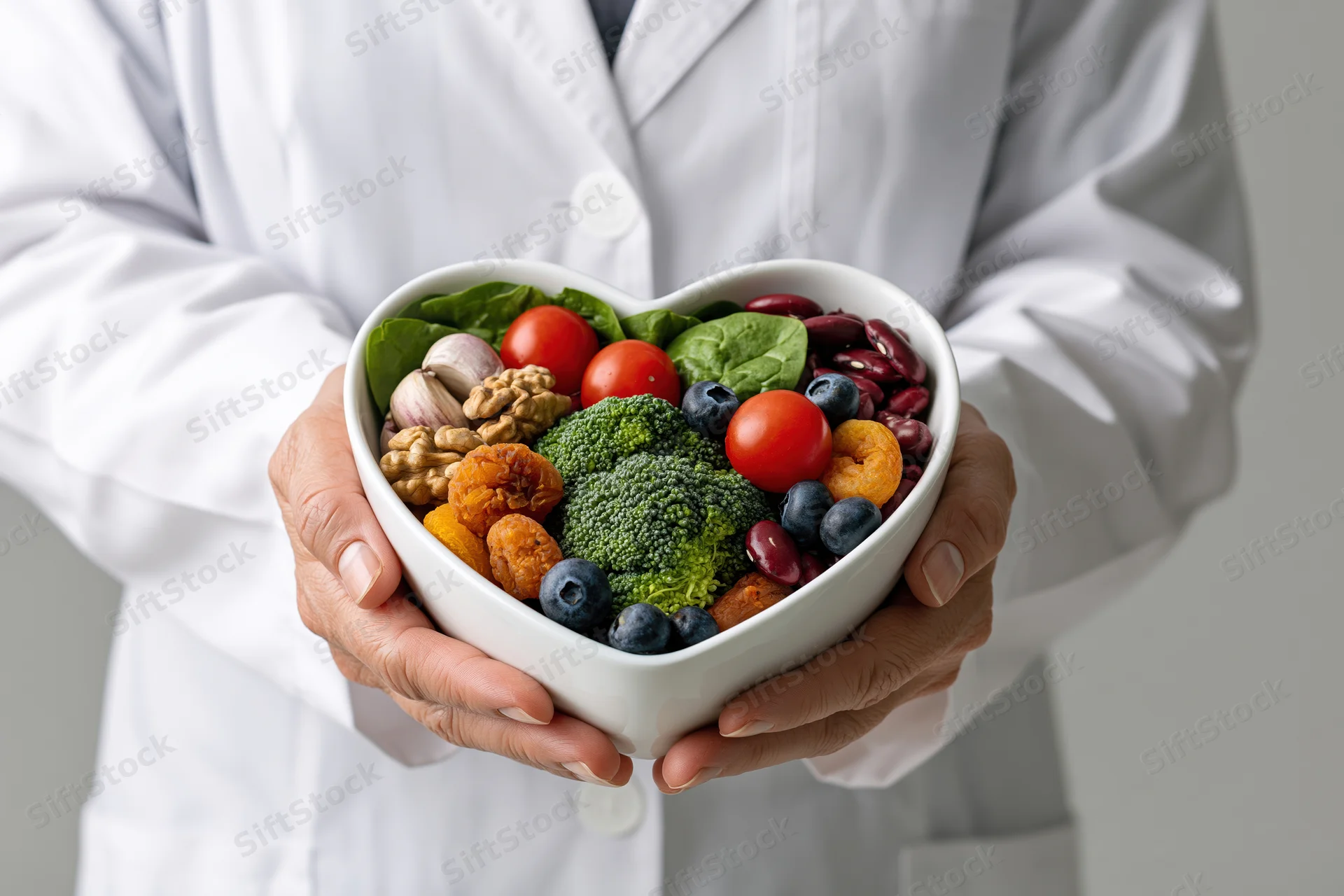Dietitian holding heart-shaped bowl filled with vegetables fruits nuts and beans