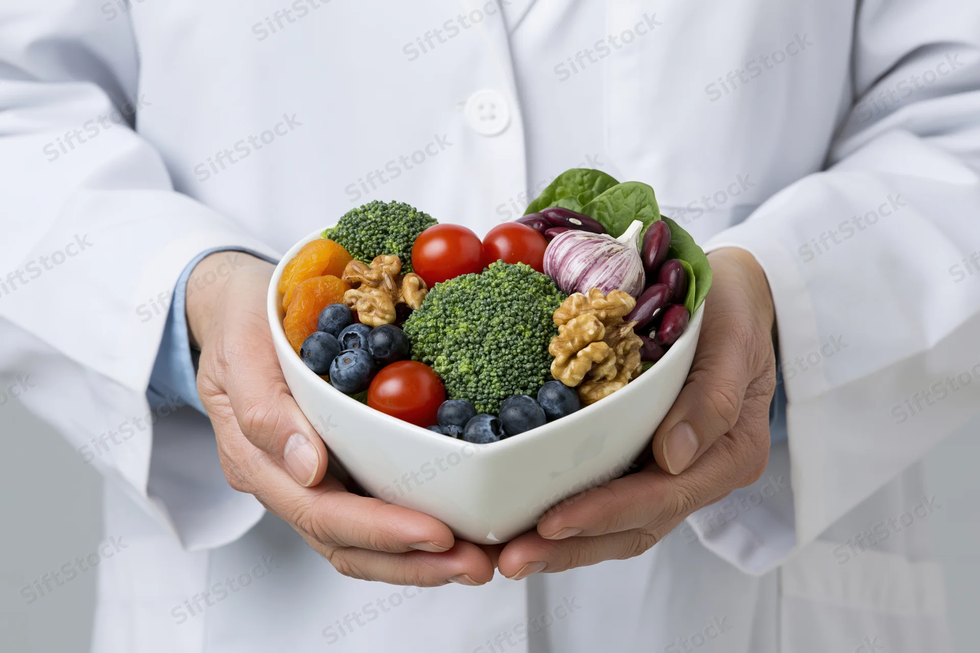 Dietitian holding a heart-shaped bowl filled with colorful vegetables, fruits, nuts and seeds