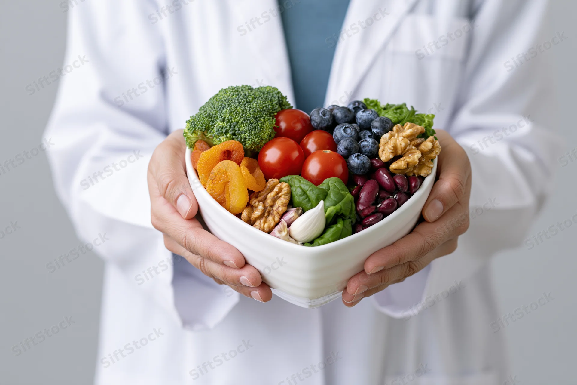 Woman in lab coat holding heart-shaped bowl filled with vegetables, fruits, nuts and beans