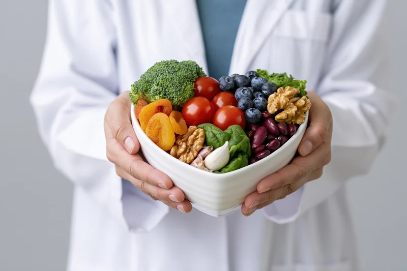 Woman in lab coat holding heart-shaped bowl filled with vegetables, fruits, nuts and beans