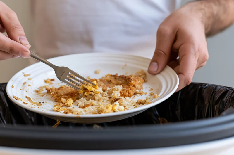 Person scraping leftover food scraps off a white ceramic plate into a trash bin
