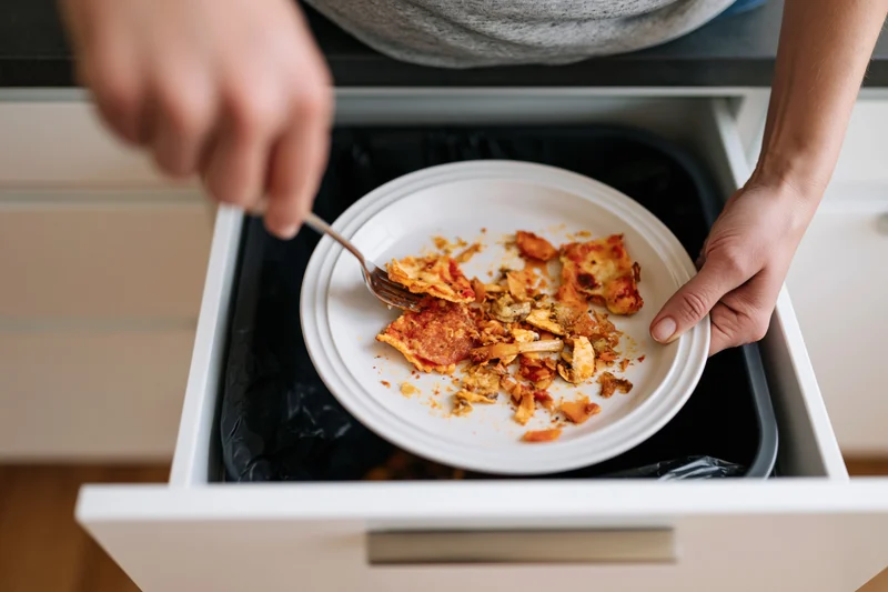 Person scraping pizza scraps from plate into kitchen drawer trash bin