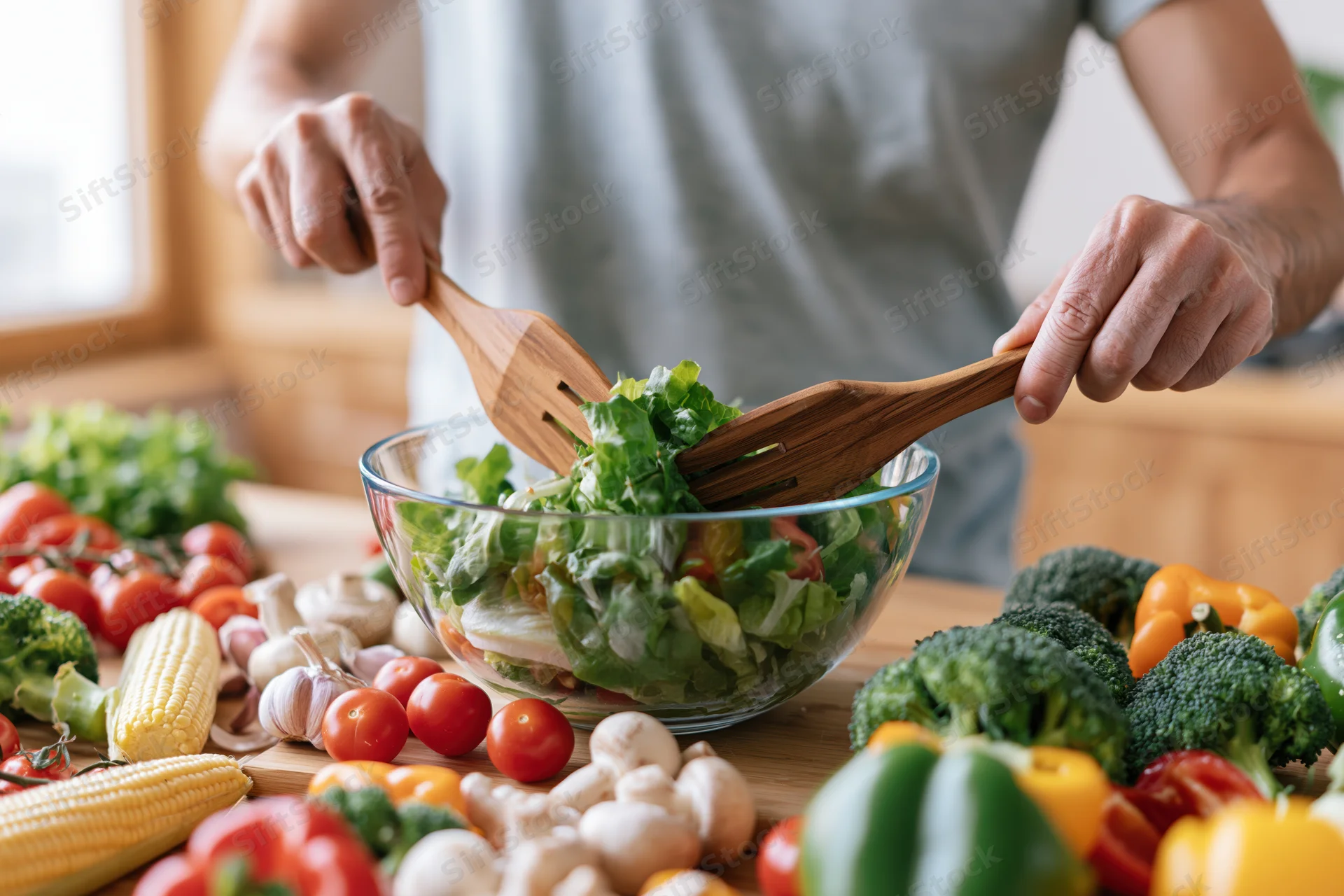 Woman tossing a green salad in a glass bowl surrounded by fresh vegetables on a kitchen countertop