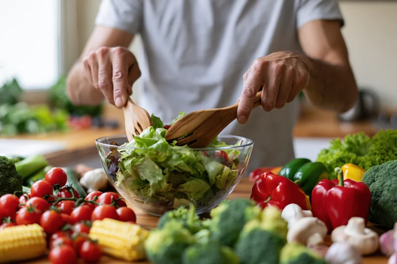 Man tossing a green salad in a glass bowl surrounded by fresh vegetables on a kitchen counter