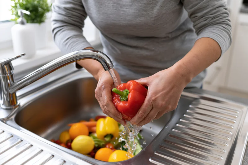 Woman washing a red bell pepper under running water in a kitchen sink with vegetables below