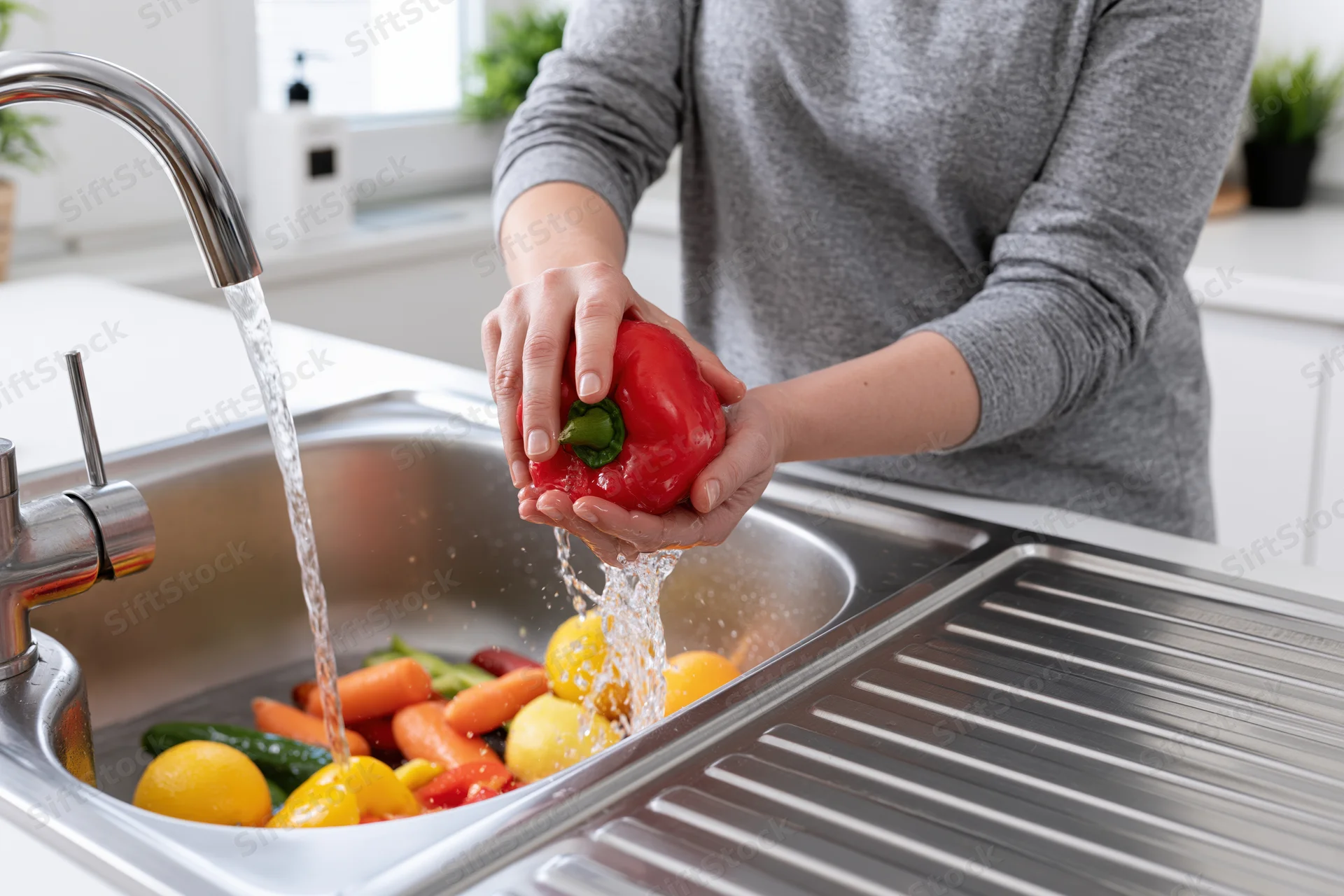 Woman washing a red bell pepper under running water in a kitchen sink with vegetables around