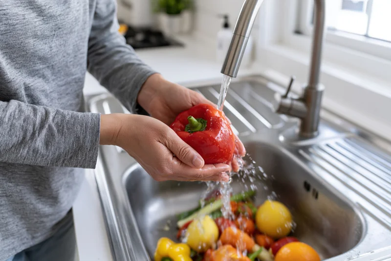 Person washing a red bell pepper under running tap water in kitchen sink