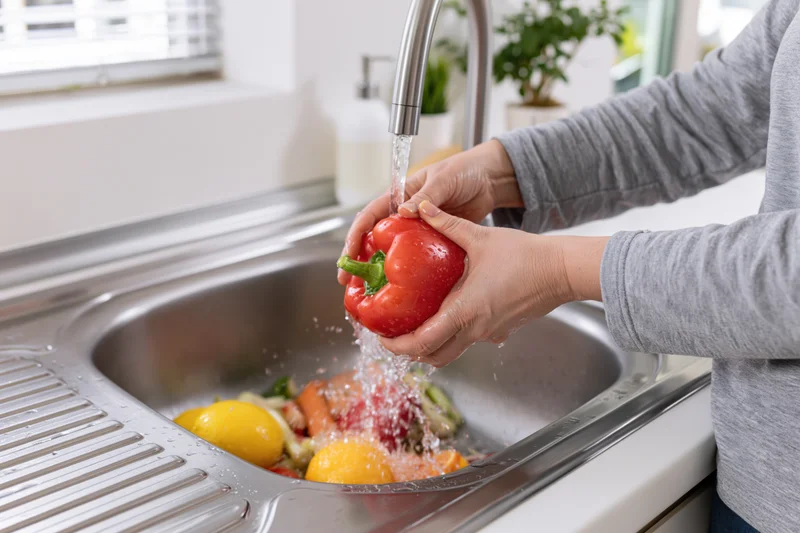Woman washing a red bell pepper under running tap water in a kitchen sink