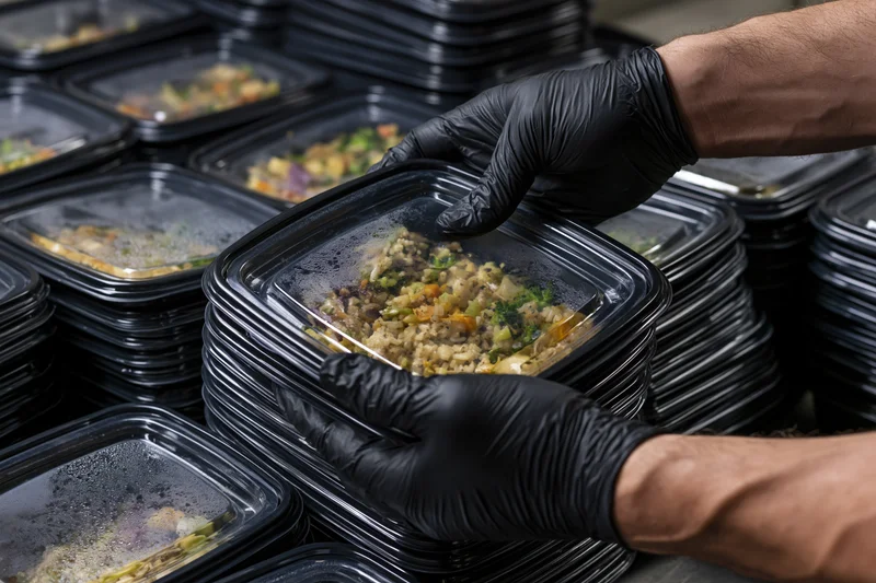 Man in black latex gloves sealing a clear-lidded black food container in a meal prep kitchen
