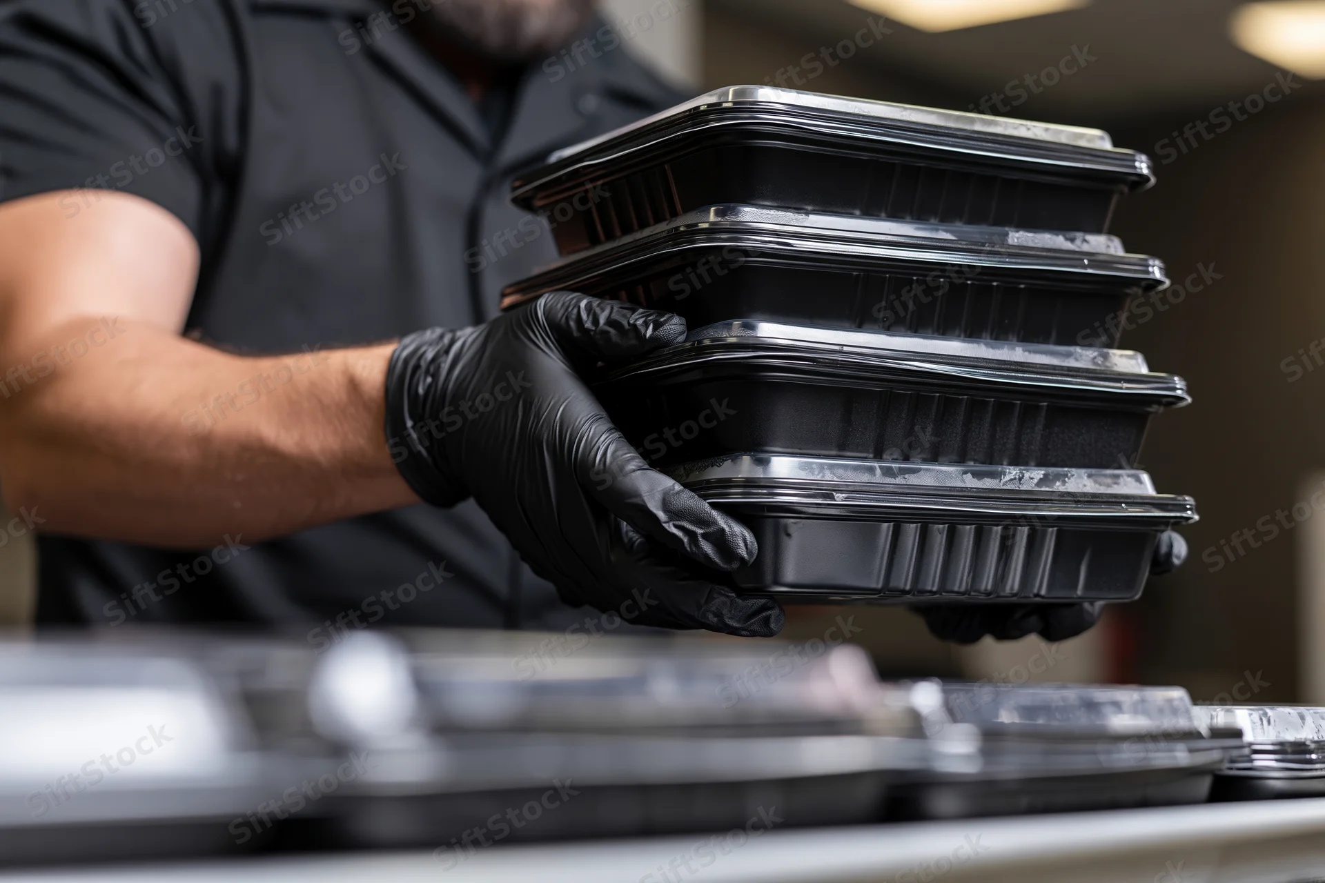 Worker holding stack of black plastic food containers in kitchen