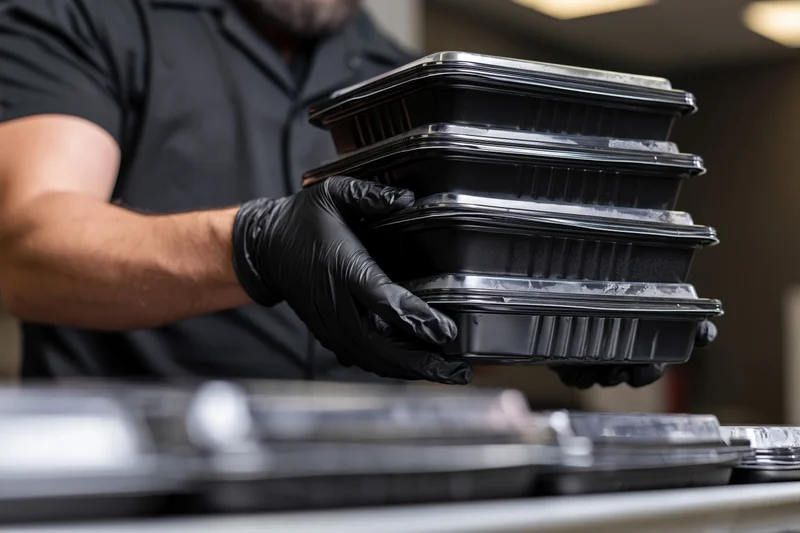 Worker holding stack of black plastic food containers in kitchen