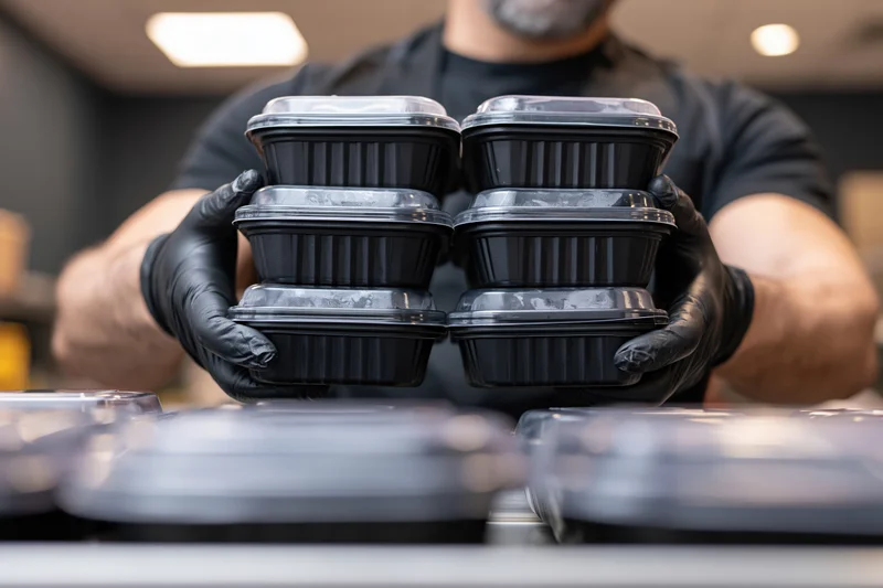 Man in black gloves holding stacked black plastic food containers in a kitchen setting
