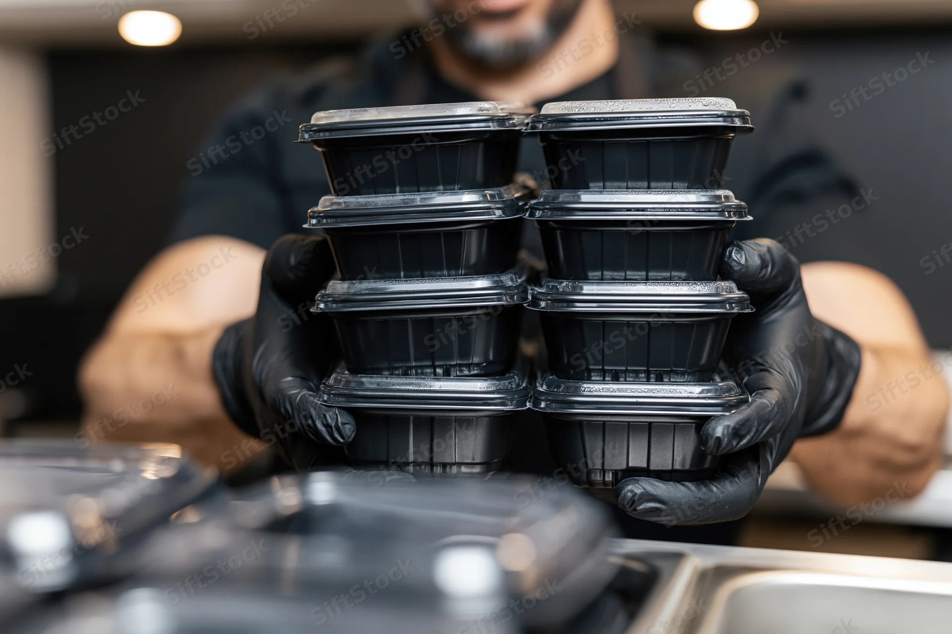 Man in black gloves holding stacked black plastic food containers in a kitchen