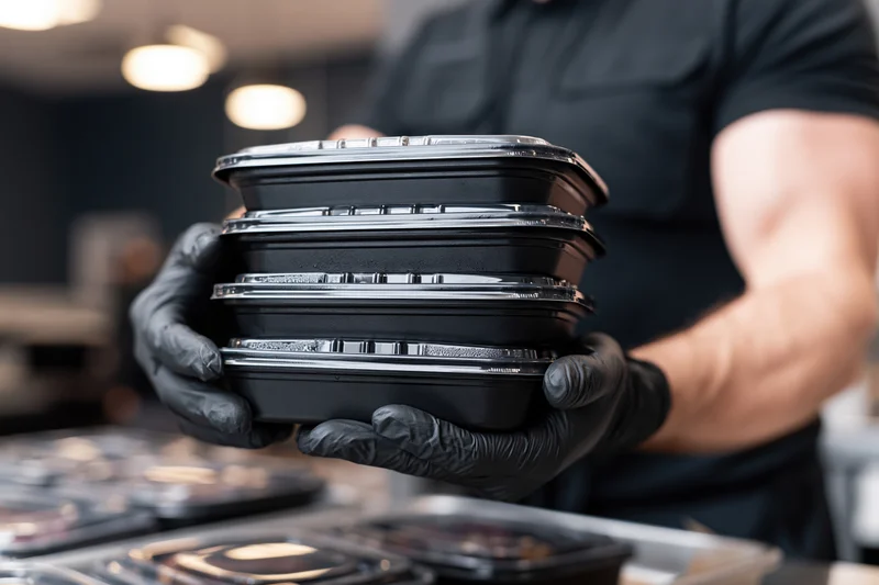 Man in black gloves holding stack of black plastic food containers in kitchen