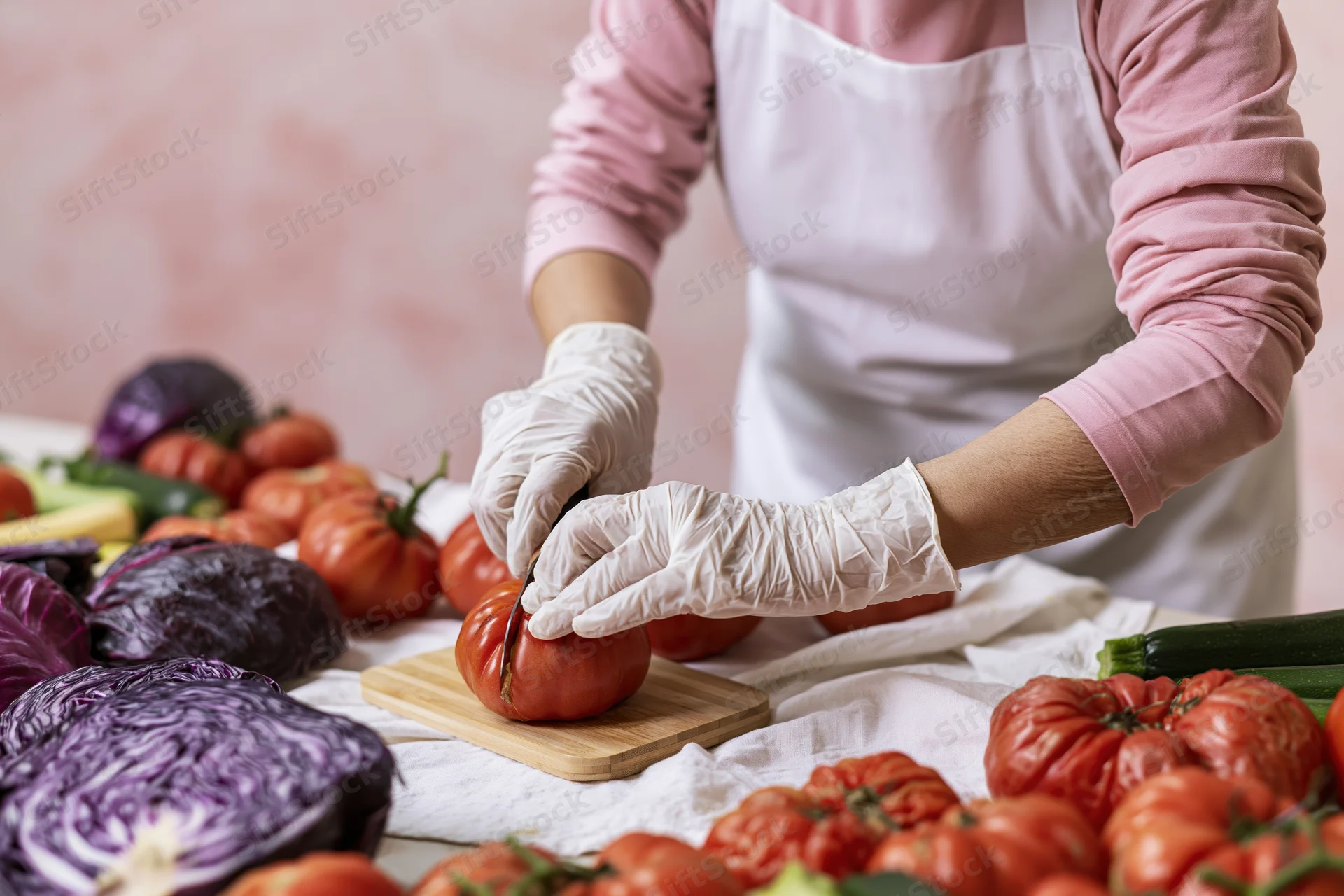 Woman slicing a ripe tomato on a wooden cutting board surrounded by fresh vegetables in a kitchen setting