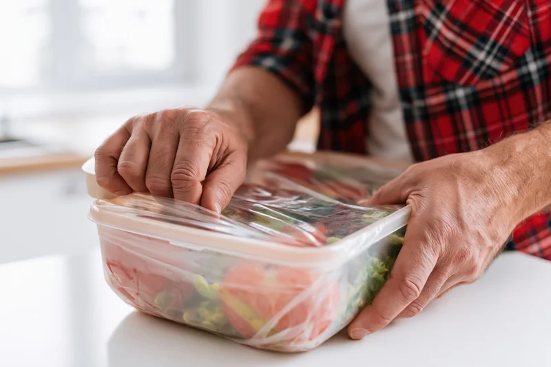 Man sealing a plastic food container with cling film on a kitchen counter