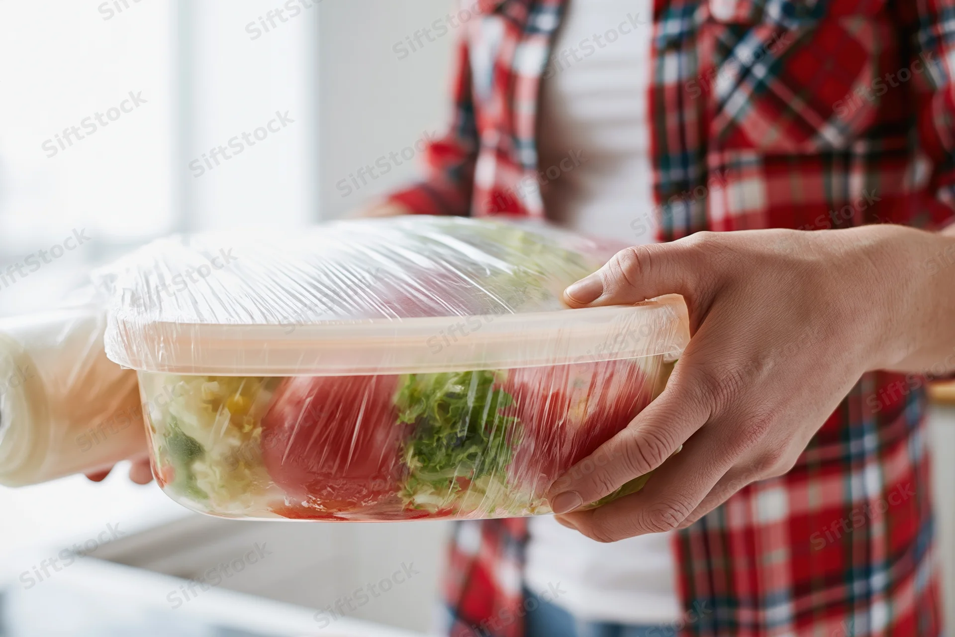 Woman wrapping a plastic food container filled with fresh salad in cling film in the kitchen
