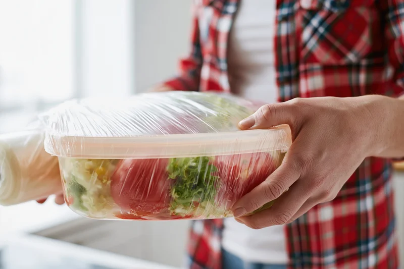 Woman wrapping a plastic food container filled with fresh salad in cling film in the kitchen