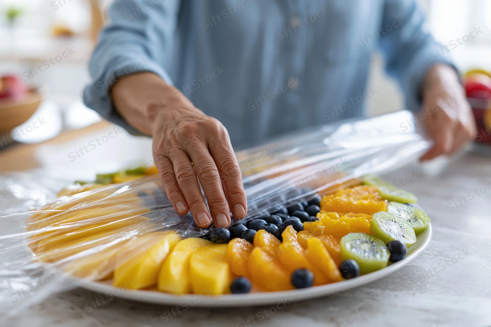 Woman wrapping a round fruit platter with plastic cling wrap on a kitchen countertop