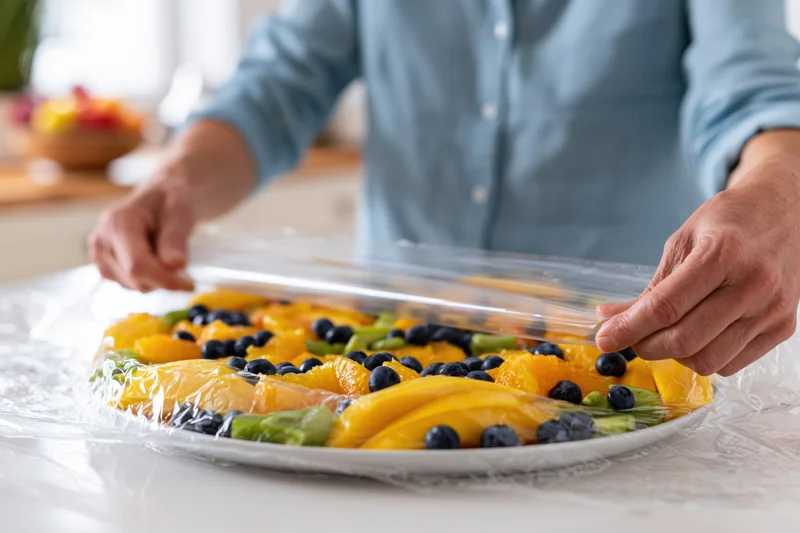 Man wrapping a round fruit platter with plastic cling wrap on a kitchen countertop