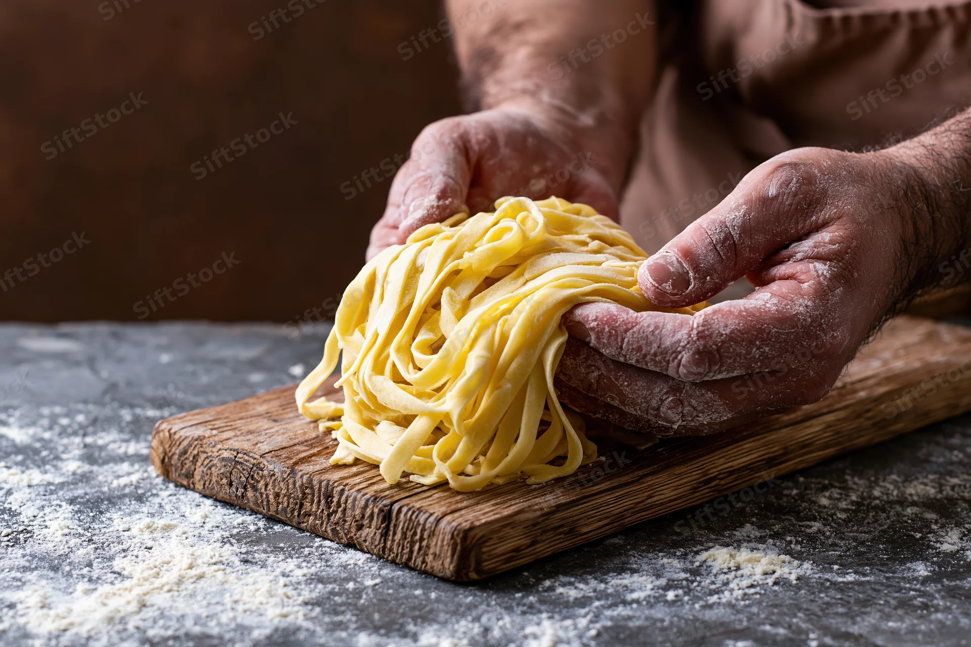 Flour-dusted hands lifting a nest of fresh tagliatelle on a wooden cutting board