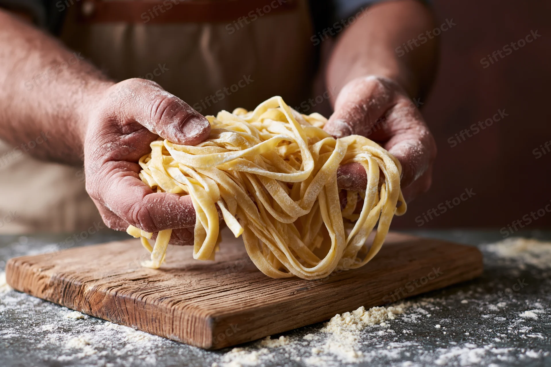 Flour-dusted hands lifting a nest of fresh tagliatelle over a wooden cutting board