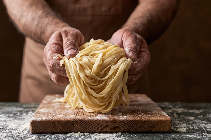 Flour-dusted hands lifting a nest of fresh tagliatelle over a wooden cutting board