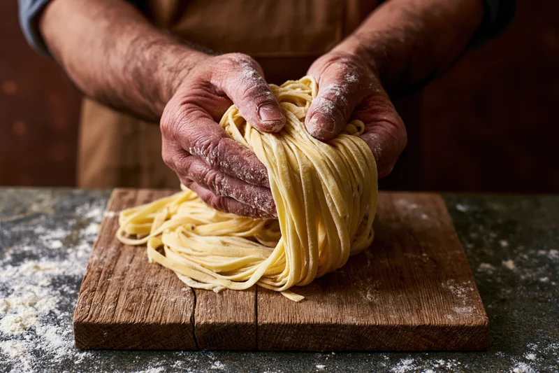 Flour-dusted hands lifting a nest of fresh tagliatelle on a wooden cutting board