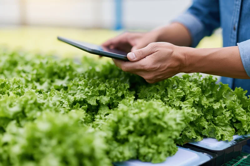 Hands holding tablet over rows of green lettuce in hydroponic farm
