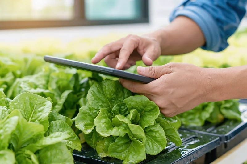 Hands using tablet to inspect fresh green lettuce plants in hydroponic setup