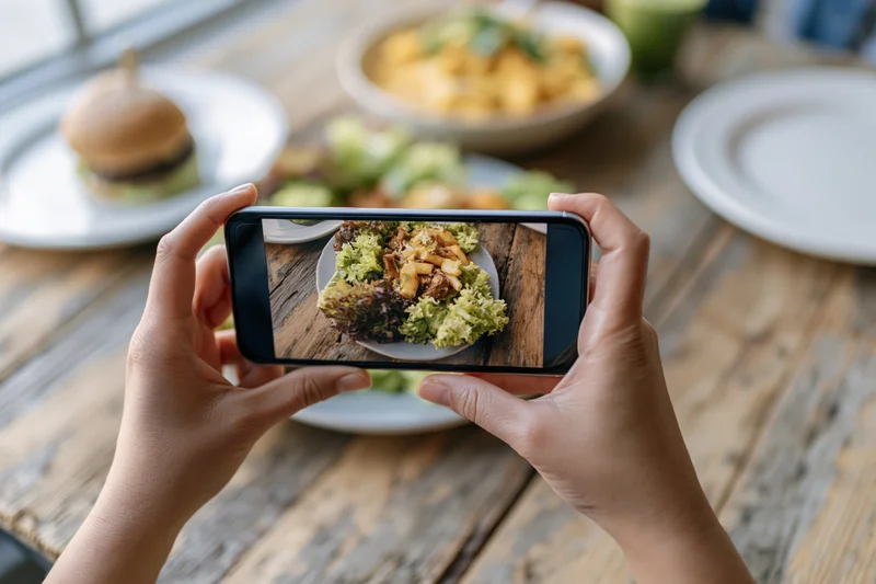 Hands holding smartphone horizontally photographing a plated meal on a wooden table