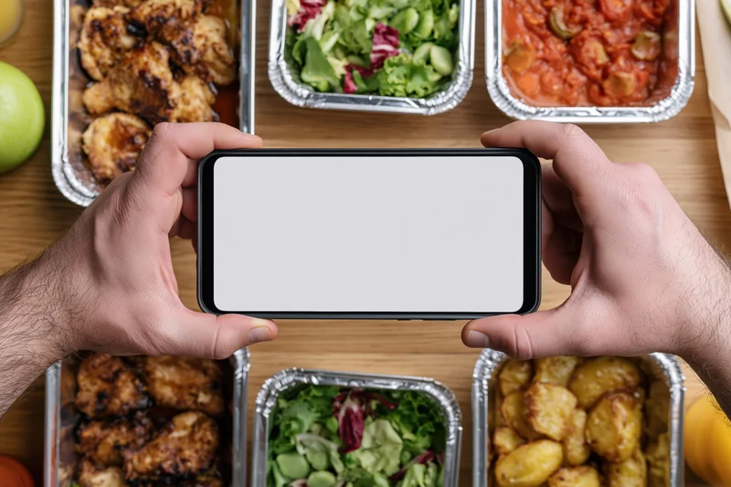 Hands holding smartphone with blank white screen over meal containers on wooden table