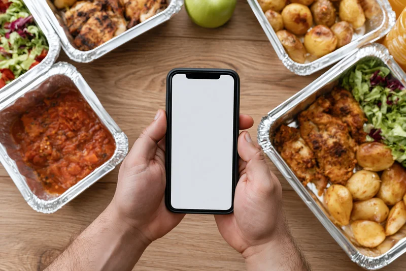 Hands holding smartphone with blank white screen over takeout food containers on wooden table