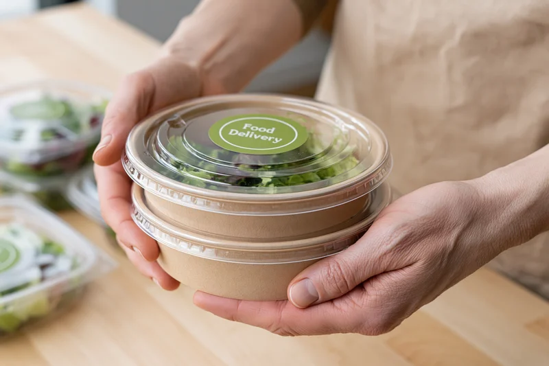 Woman holding stack of two kraft paper takeout bowls with salad inside on wooden countertop