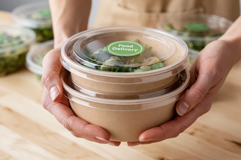 Hands holding a stack of two kraft paper takeout bowls with salad inside on a wooden table