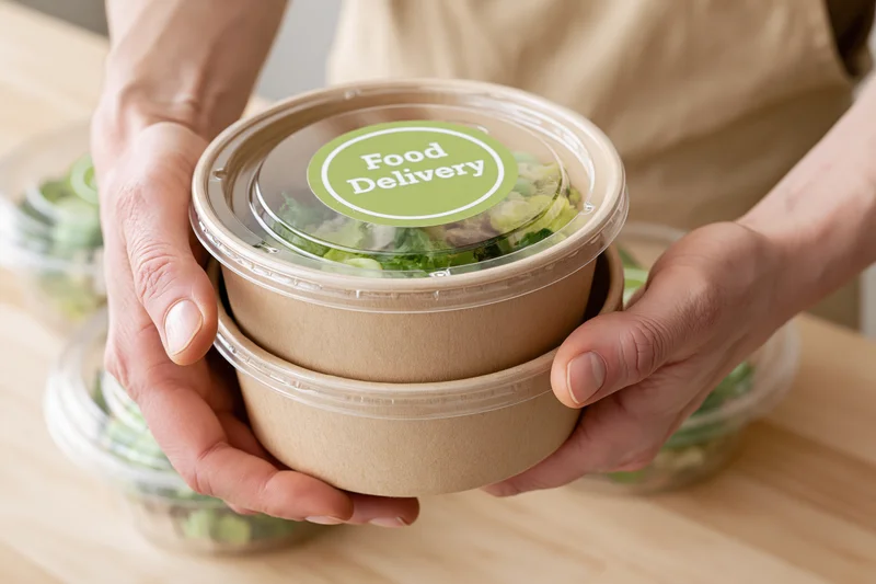 Hands holding a stack of two kraft paper takeout bowls with salad inside on a wooden table