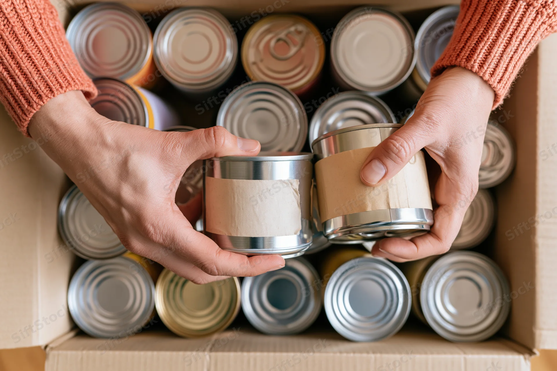 Hands sorting canned food in a cardboard box